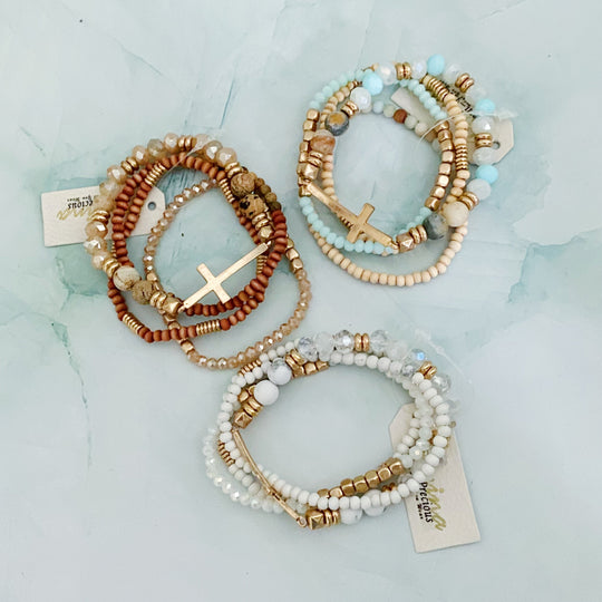 Boho Beaded Bracelet Stack – Set of 4 with Natural Stone, Wood &amp; Cross Charm