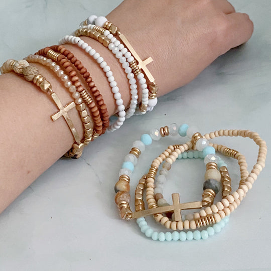 Boho Beaded Bracelet Stack – Set of 4 with Natural Stone, Wood &amp; Cross Charm