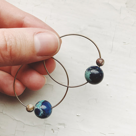 Earth &amp; Moon Jasper Hoop Earrings – Cosmic Boho Stone Hoops