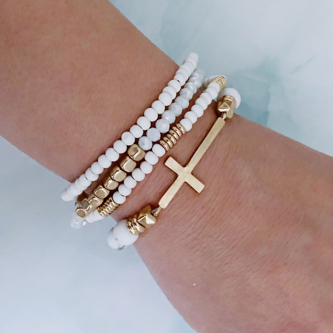 Boho Beaded Bracelet Stack – Set of 4 with Natural Stone, Wood &amp; Cross Charm