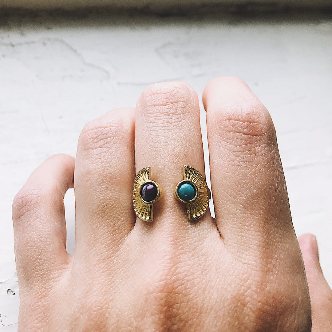 Dawn to Dusk Ring – Adjustable Two-Stone Turquoise Boho Sunburst Ring