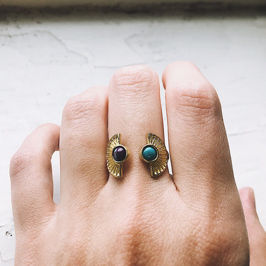 Dawn to Dusk Ring – Adjustable Two-Stone Turquoise Boho Sunburst Ring
