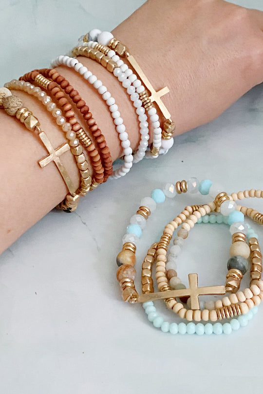 Boho Beaded Bracelet Stack – Set of 4 with Natural Stone, Wood &amp; Cross Charm