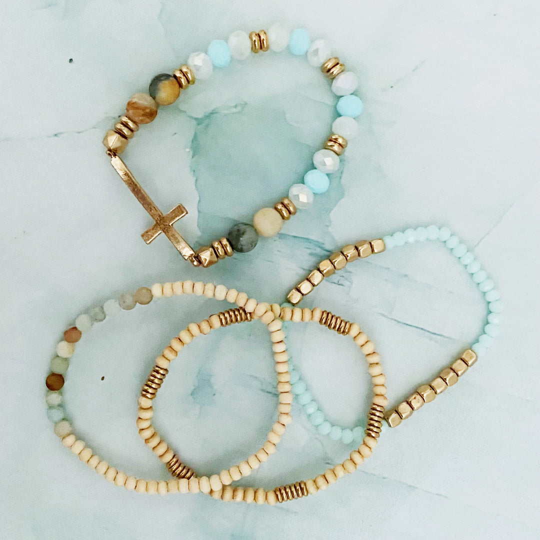 Boho Beaded Bracelet Stack – Set of 4 with Natural Stone, Wood &amp; Cross Charm