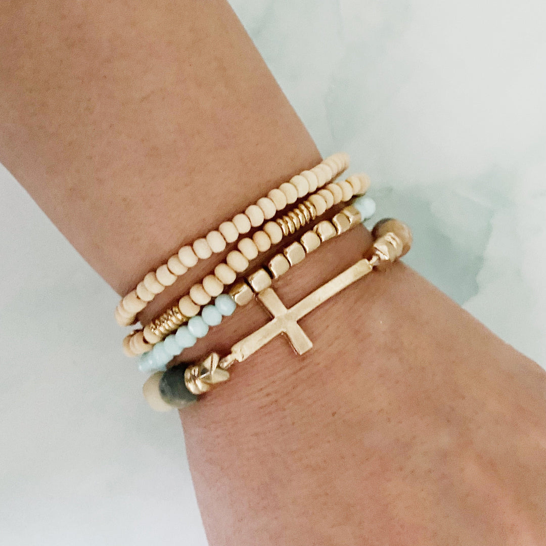 Boho Beaded Bracelet Stack – Set of 4 with Natural Stone, Wood &amp; Cross Charm