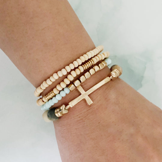 Boho Beaded Bracelet Stack – Set of 4 with Natural Stone, Wood &amp; Cross Charm