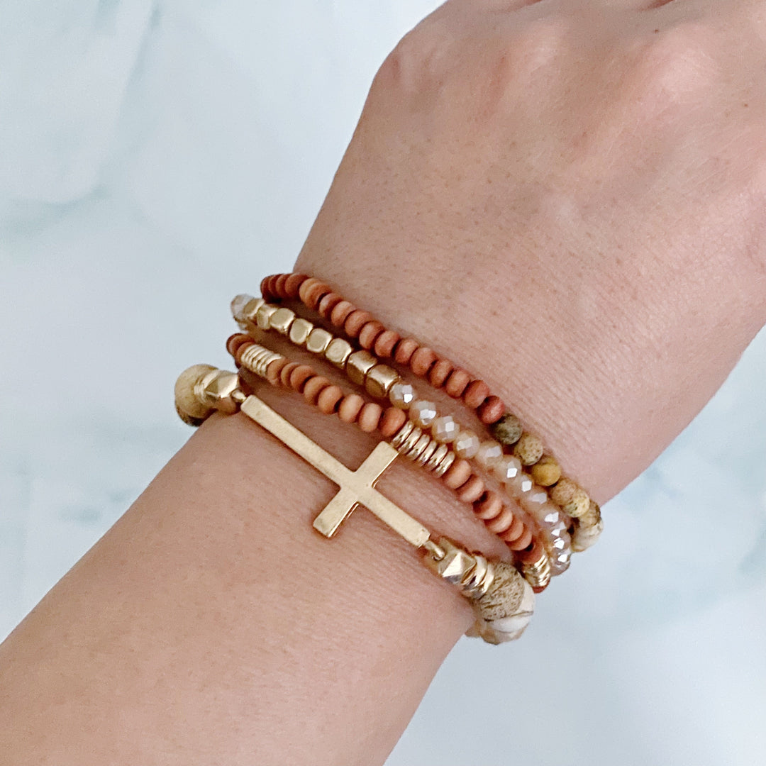 Boho Beaded Bracelet Stack – Set of 4 with Natural Stone, Wood &amp; Cross Charm