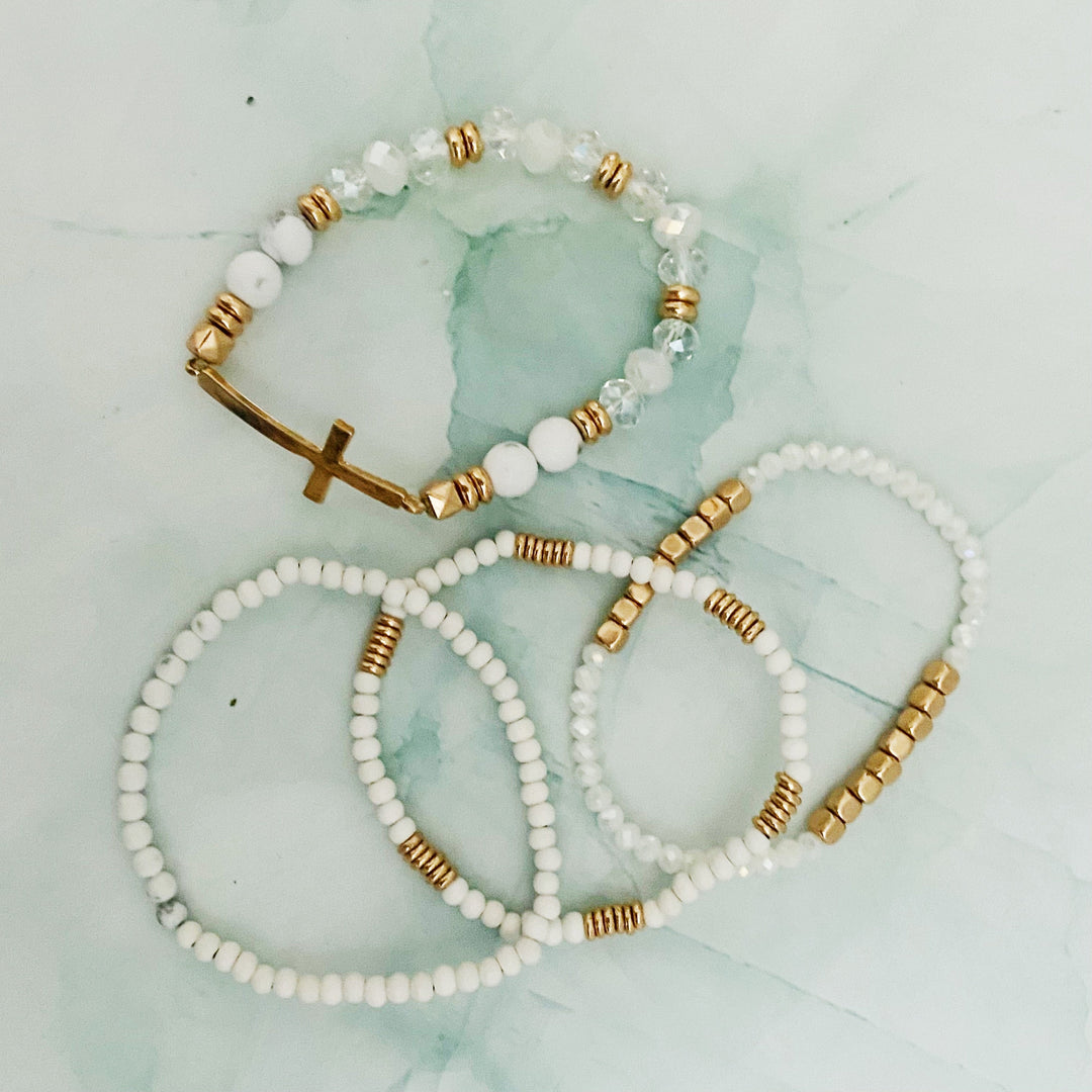 Boho Beaded Bracelet Stack – Set of 4 with Natural Stone, Wood &amp; Cross Charm