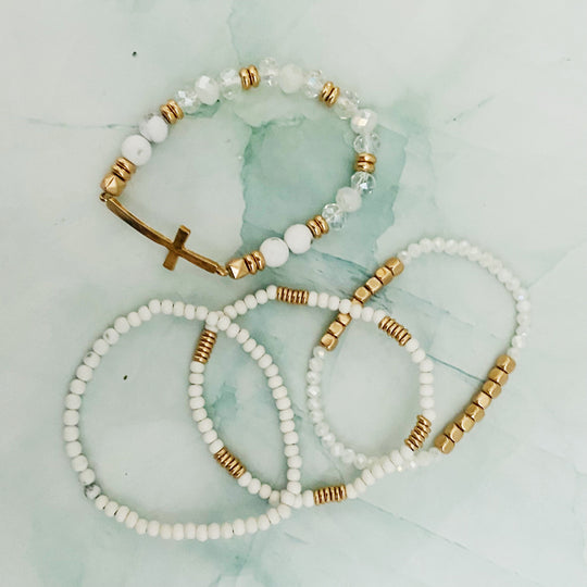 Boho Beaded Bracelet Stack – Set of 4 with Natural Stone, Wood &amp; Cross Charm