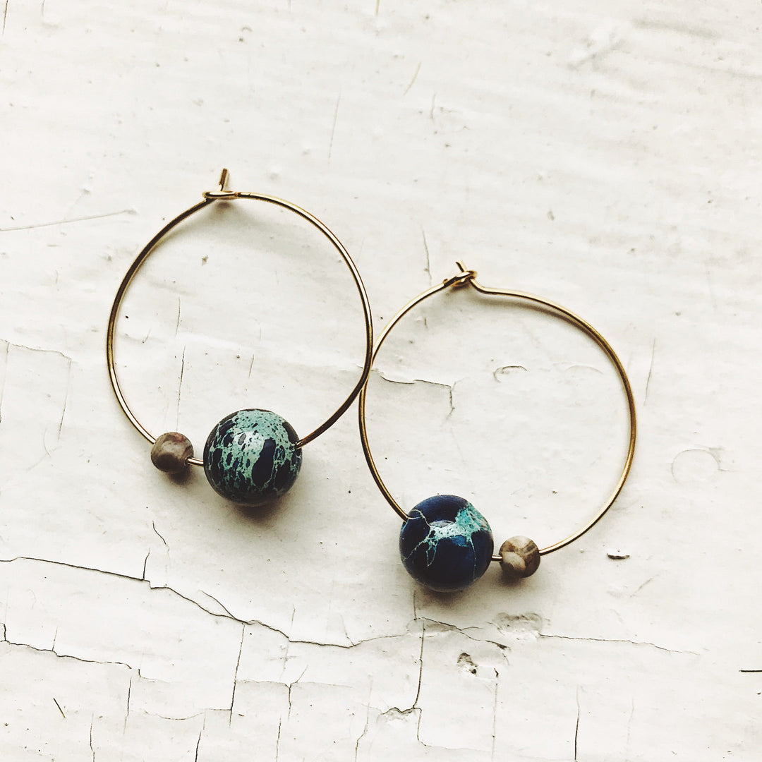 Earth &amp; Moon Jasper Hoop Earrings – Cosmic Boho Stone Hoops