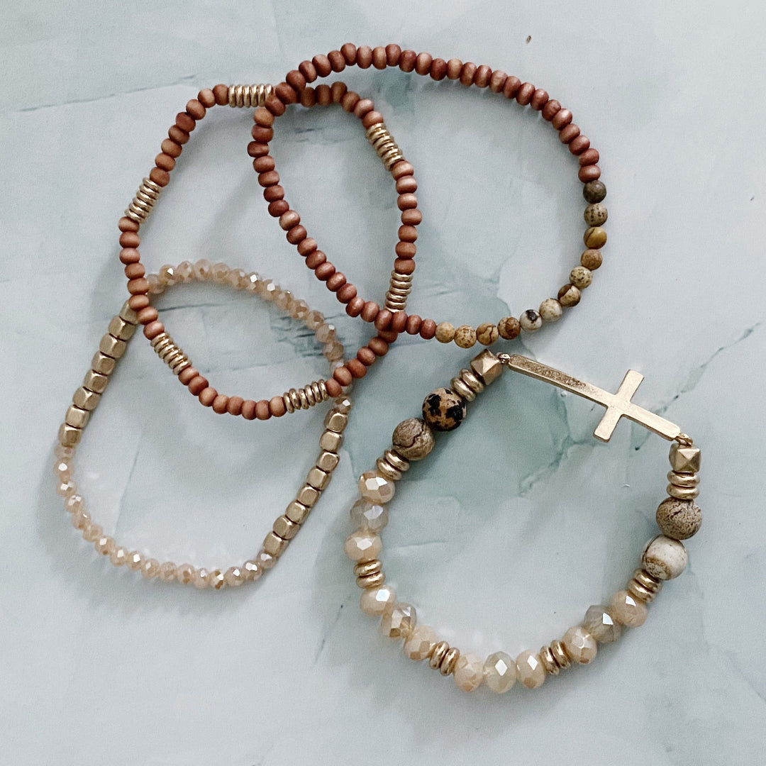 Boho Beaded Bracelet Stack – Set of 4 with Natural Stone, Wood &amp; Cross Charm