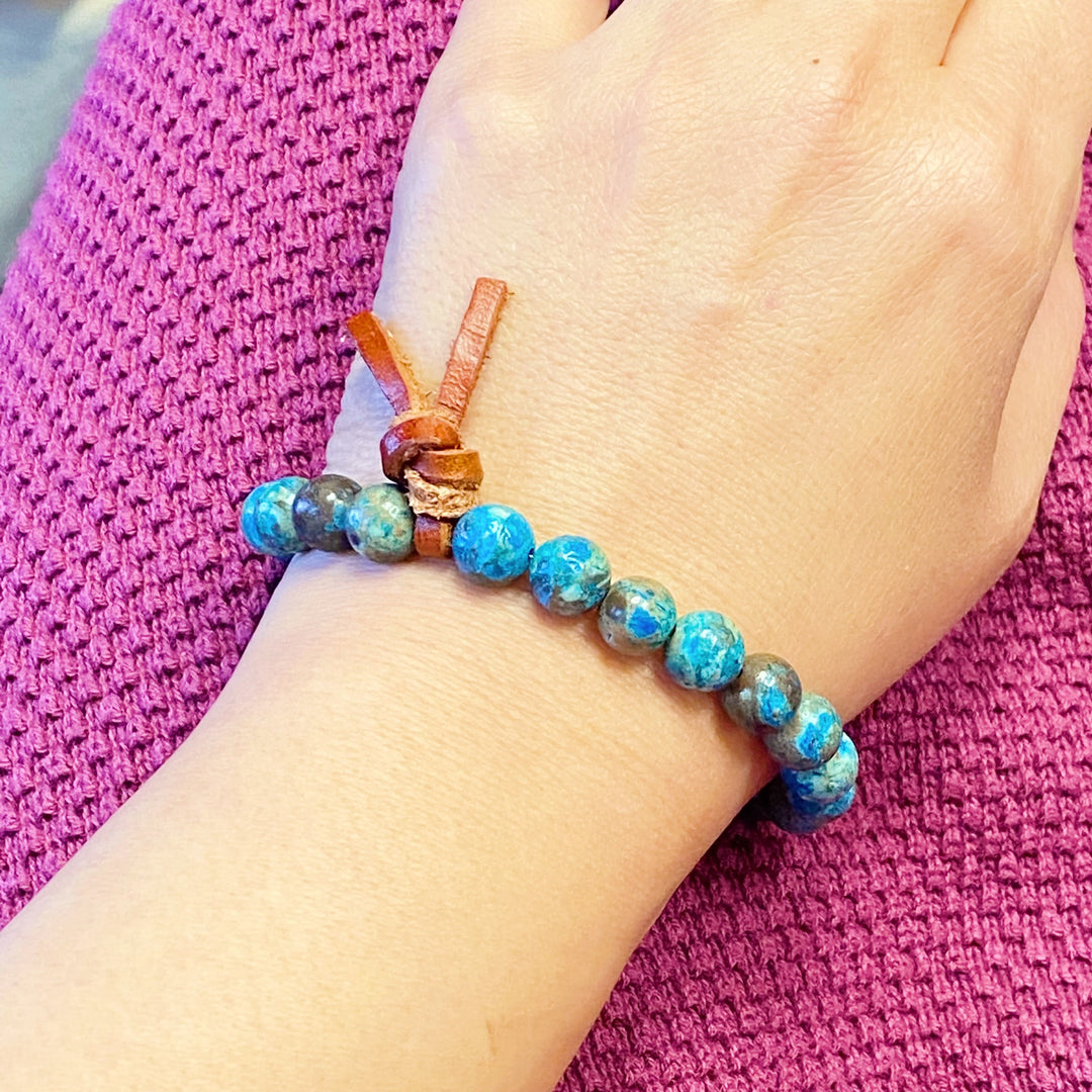 Blue Agate Beaded Bracelet with Leather Tie – Boho Stone Bracelet