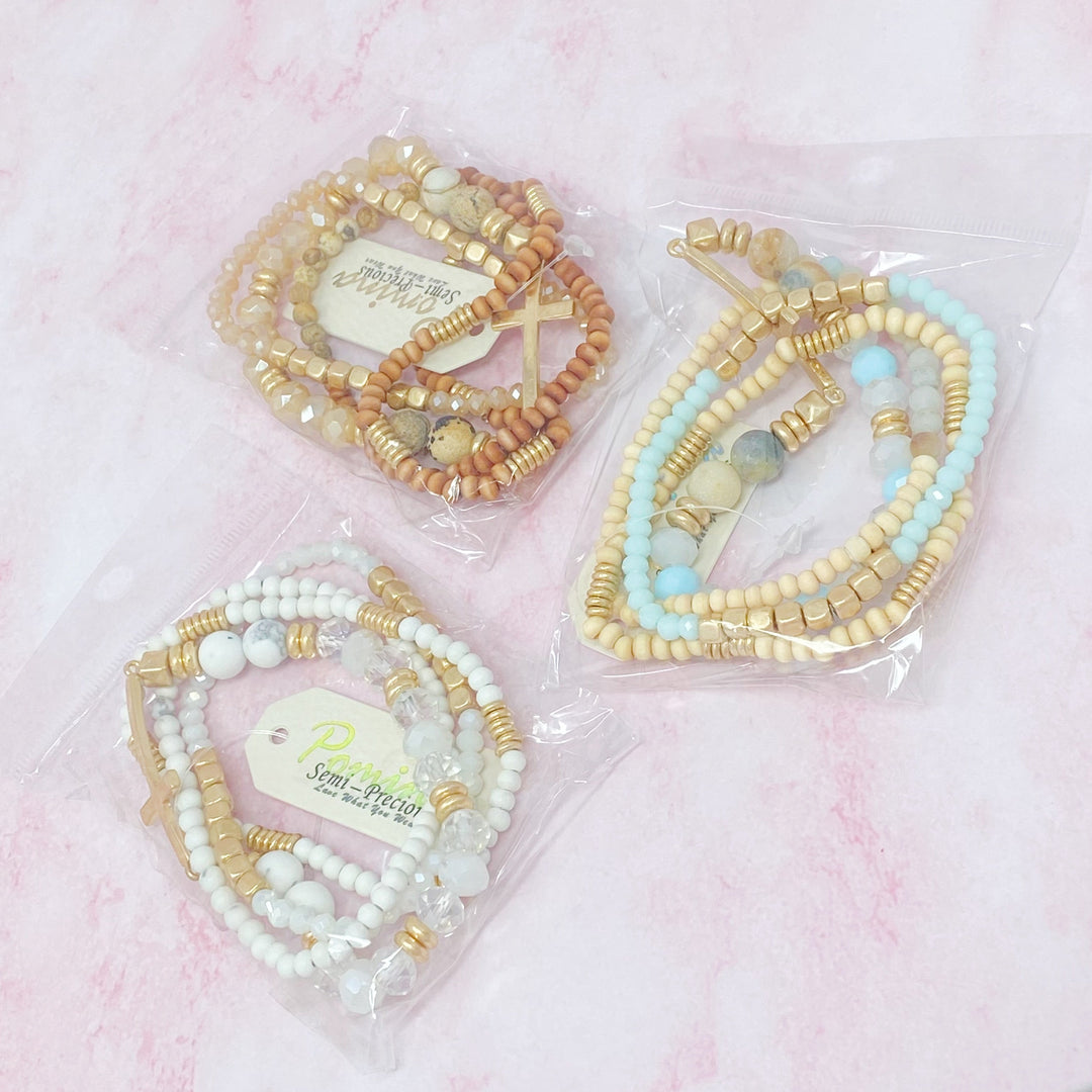 Boho Beaded Bracelet Stack – Set of 4 with Natural Stone, Wood &amp; Cross Charm