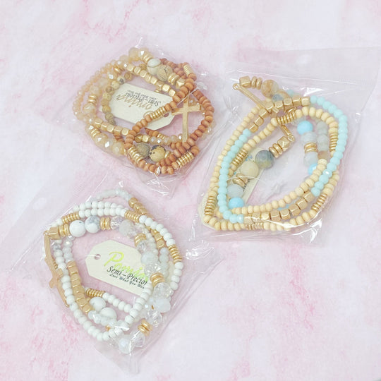 Boho Beaded Bracelet Stack – Set of 4 with Natural Stone, Wood &amp; Cross Charm