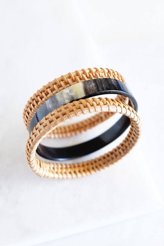 Thuy Binh Buffalo Horn &amp; Rattan Bangle Set (3 pcs)